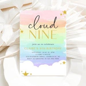 Cloud Nine Birthday Invitation, Girls 9th Birthday Invite, Pastel Invitation, Rainbow Clouds, Ninth Birthday Invitation template, CLP93