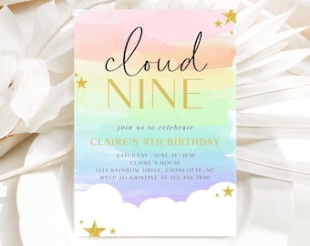 Cloud Nine Birthday Invitation, Girls 9th Birthday Invite, Pastel Invitation, Rainbow Clouds, Ninth Birthday Invitation template, CLP93