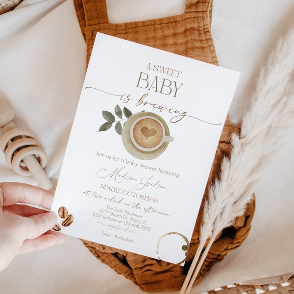 Editable Neutral Green Baby Brewing Baby Shower Invitation template, Coffee Baby Shower Invite, Brewing Baby Shower, Instant Download
