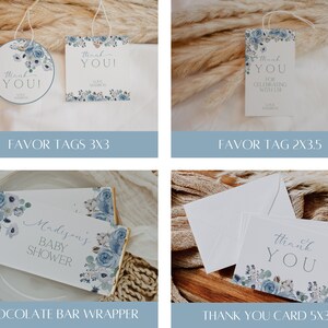 K&ouml;nnte beinhalten: Ein Set mit druckbaren Babyparty-Artikeln mit einem Aquarell-Blumenmuster in Blaut&ouml;nen und Grau. Das Set enth&auml;lt Geschenkanh&auml;nger, eine Schokoladenriegelverpackung und eine Dankeskarte.