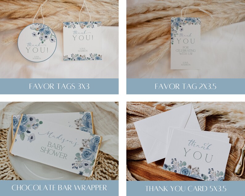 K&ouml;nnte beinhalten: Ein Set mit druckbaren Babyparty-Artikeln mit einem Aquarell-Blumenmuster in Blaut&ouml;nen und Grau. Das Set enth&auml;lt Geschenkanh&auml;nger, eine Schokoladenriegelverpackung und eine Dankeskarte.