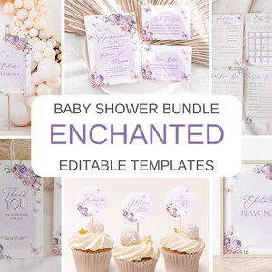 Może przedstawiać: Zestaw na baby shower w stylu "Enchanted". Zestaw zawiera drukowane szablony do zaproszeń, kartek z podziękowaniami, ozd&oacute;b na babeczki i gier. Projekt zawiera akwarelowy wz&oacute;r kwiatowy z motylami w odcieniach fioletu i lawendy.