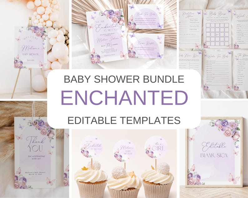 Może przedstawiać: Zestaw na baby shower w stylu "Enchanted". Zestaw zawiera drukowane szablony do zaproszeń, kartek z podziękowaniami, ozd&oacute;b na babeczki i gier. Projekt zawiera akwarelowy wz&oacute;r kwiatowy z motylami w odcieniach fioletu i lawendy.