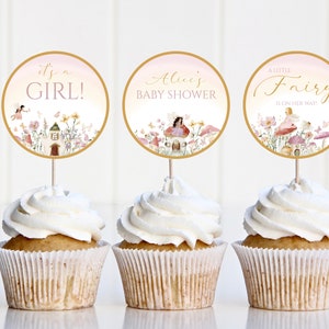 Editable Girl Fairy Baby Shower Cupcake Toppers, Whimsical Enchanted Pixie Fairy Decor, Magical Floral Garden Fairy, Instant Download, CLP36