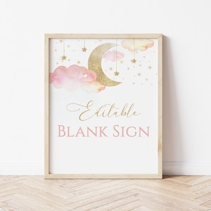 Editable Twinkle Twinkle Little Star Baby Shower Blank Sign, Pink Girl Baby Shower, Gold Moon Stars Decoration, Instant Download, CLP40