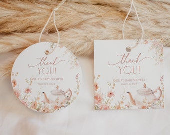 Editable Tea Party Baby Shower Favor Tag, Printable Tea for Two Baby Shower Decoration, Tea Time Floral Baby Shower Thank You Tag, BBS41
