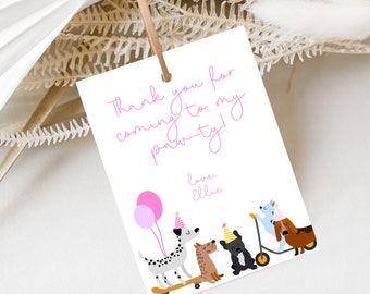 May include: Thank you for coming to my paw-ty! love ellie. A pink, white, and black spotted dog, a brown dog, a black dog, a blue dog, and a brown dog with a pink balloon are on a skateboard, scooter, and a skateboard.