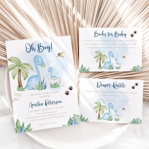 Editable Dinosaur Baby Shower Invitation Bundle, Greenery Boho Dinosaur Baby Shower Invite, Oh Boy Dinosaur Shower Invitation, BBS32