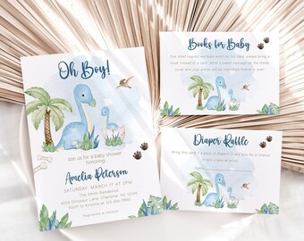 May include: A baby shower invitation with a blue dinosaur and a smaller dinosaur in an egg. The invitation says "Oh Boy!" and includes the name Amelia Peterson, the date and time of the shower, and the address. There are also two cards for guests to bring books or diapers to the shower.