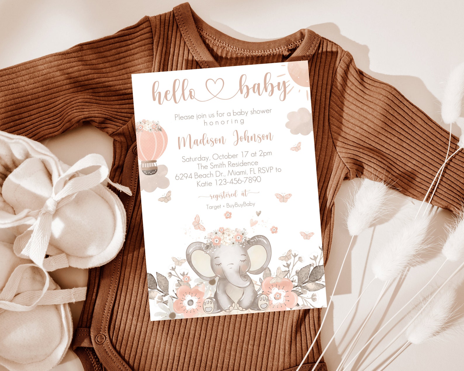 Boho Elephant Baby Shower Invitation Bundle Girl Elephant Etsy