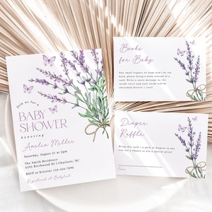 Bearbeitbares Lavendel + Salbei-Babyparty-Einladungspaket, Lila Blumenschmetterling-Babyparty-Einladungsset, Land-Wildblumendusche, BBS89