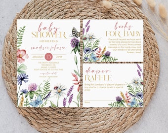 Wildflower Baby Shower Invitation Set, Floral Boho Invite (Instant Download)