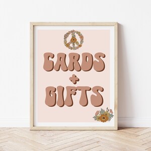 Cartes d'anniversaire groovy + signe de cadeaux, décoration de table de fête hippie, signe de cartes de paix floral marguerite, fête de l'amour de la paix des années 70, téléchargement immédiat