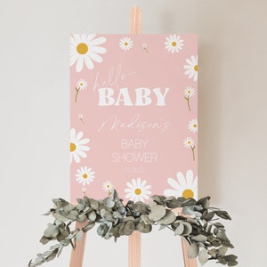 Editable Pink Daisy Baby Shower Welcome Sign, Bohemian Daisy Hello Baby Pink Welcome Poster, Girl Baby Shower Decor, Instant Download, CLP26