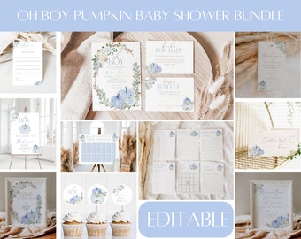 May include: A selection of baby shower stationery featuring a pumpkin design. The set includes invitations, signs, cupcake toppers, and games. The colour scheme is pale blue and white, with floral details. The text "OH BOY PUMPKIN BABY SHOWER BUNDLE" is displayed.