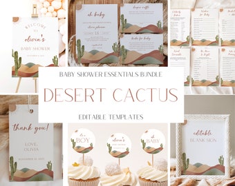 Editable Desert Baby Shower Invitation + Decoration Bundle, Cactus Baby Shower Invite Set, Boy Baby Shower Invitation, Instant Download BBS2