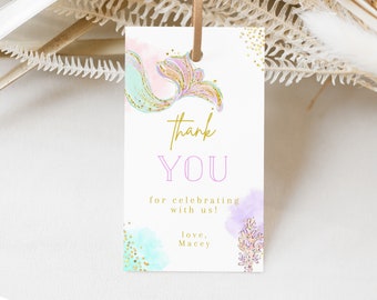 Editable Pastel Mermaid Birthday Party Favor Tag template, Colorful Mermaid Birthday Party Decoration, Thank You Gift Tag, Instant Download