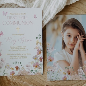 Editable First Holy Communion Invitation Template, Floral Girl Communion Invite, Photo Communion Invitation, Instant Download