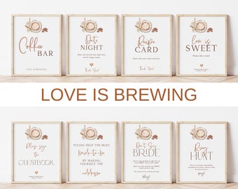 May include: A collection of eight framed signs with a coffee theme. The signs feature elegant calligraphy and illustrations of coffee cups and beans. Text includes "Coffee Bar," "Date Night," and "Love is Brewing."