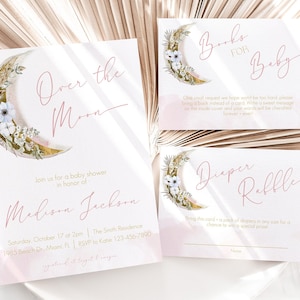 Over the Moon Baby Shower Invitation Bundle, Girl Baby Shower Invite, Boho Moon Baby Shower, Gold Moon, Instant Download, Editable