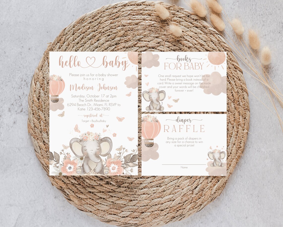Boho Elephant Baby Shower Invitation Bundle Girl Elephant Etsy