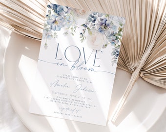 Love in Bloom Bridal Shower Invitation, Dusty Blue Watercolor Floral Bridal Shower Invite, Printable Bridal Shower Invitation, CLP68