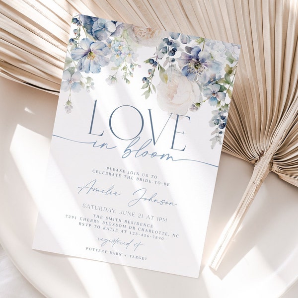 Love in Bloom Bridal Shower Invitation, Dusty Blue Watercolor Floral Bridal Shower Invite, Printable Bridal Shower Invitation, CLP68