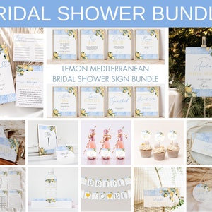 Editable Lemon Blue Tile Bridal Shower Invitation + Decoration Bundle, Mediterranean Amalfi Coast Bridal Shower Invite + Game Set, BDS6