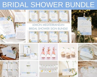 May include: A bridal shower sign bundle with a lemon and blue colour scheme. The signs feature text such as "Welcome to Amelia's Bridal Shower", "Recipe", "Guestbook", "Bride to Be", and "Love is Sweet".
