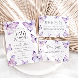 Bearbeitbares Lavendel Schmetterlings-Babyparty-Einladungspaket, druckbares lila Schmetterlings-Babyparty-Einladungsset, lila Schmetterling, BBS128