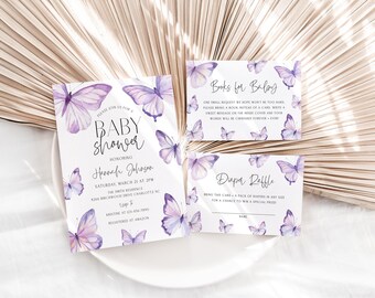 May include: Purple butterfly baby shower invitation with text that reads "Please join us for a baby shower honoring Hannah Johnson, Saturday, March 2 at 2pm, The Smith Residence, 8284 Birchwood Drive, Charlotte, NC. RSVP at [email protected] Registry at Amazon"