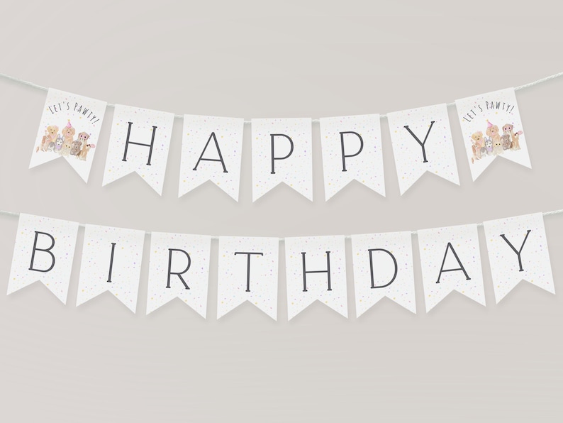 K&ouml;nnte beinhalten: Wei&szlig;es Banner mit schwarzem Text, der "Happy Birthday" lautet. Das Banner hat einen wei&szlig;en Hintergrund mit kleinen lila Konfetti. Das Banner ist mit zwei kleineren Bannern an jedem Ende verziert, die einen wei&szlig;en Hintergrund mit einem Cartoon-Bild von Tieren und dem Text "Let's Pawty!" haben.