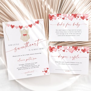 Valentijnsdag uitnodigingsset babyshower, kleine lieverd, hartjes (bewerkbaar afdrukbaar) BBS16