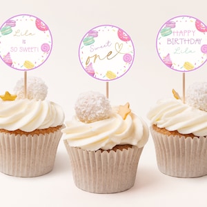 Editable Sweet One Birthday Cupcake Toppers, Desserts Candy Birthday Decoration, Girl Birthday, Cupcake Macaroon, Instant Download, CLP38