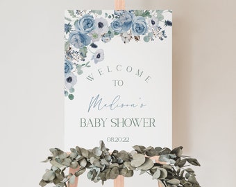 Baby in Bloom Baby Shower Welcome Sign, Boy Baby Shower, Garden Baby Shower, Blue Floral Baby Shower Welcome Poster, Instant Download