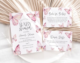 May include: Baby shower stationery set featuring a butterfly design. The invitation includes details for the event. The set includes a "Books for Baby" card and a "Diaper Raffle" card. All cards are decorated with pink watercolour butterflies.