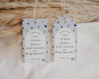 Plantilla de etiqueta de regalo editable con diseño de arándanos, etiqueta de regalo de agradecimiento para baby shower con diseño de arándanos imprimible, decoración para baby shower con diseño de arándanos azules, BBS143