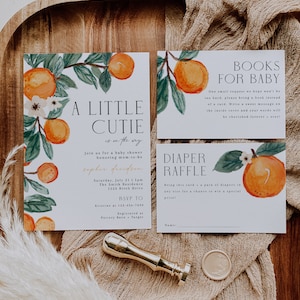 Little Cutie Baby Shower Invitation Bundle, Editable Clementine Orange Gender Neutral Invite Set, Citrus Baby Shower, CLP107