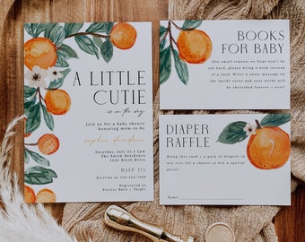 Little Cutie Baby Shower Invitation Bundle, Editable Clementine Orange Gender Neutral Invite Set, Citrus Baby Shower, CLP107