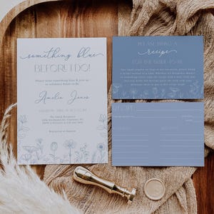 Pacote de convites para chá de panela floral azul-poeira editável, conjunto de convites para chá de panela moderno Something Blue Before I Do, Corjl BDS36