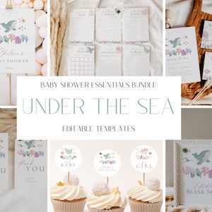 Under the Sea Girl Baby Shower Invitation + Decoration Bundle, Pastel Whale Baby Shower Invite Set, Baby Sea Animal Invitation, CLP71