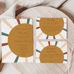 Boho Sun Baby Shower Invitation Bundle, Here Comes the Son Baby Shower, Boy Baby Shower, Boho Baby Shower, Instant Download, Editable