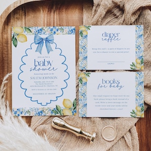 Bearbeitbares mediterranes Zitronen-Babyparty-Einladungspaket, italienische blaue Fliesen-Babyparty-Einladungsset, Zitrus-Babypartyeinladung, BBS183