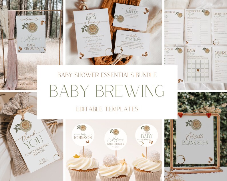 May include: A set of printable baby shower party decorations with a coffee theme. The decorations include a welcome sign, invitations, cupcake toppers, a thank you tag, a blank sign, and game cards. The design features a brown coffee cup with a floral design and the text "Baby Brewing".
