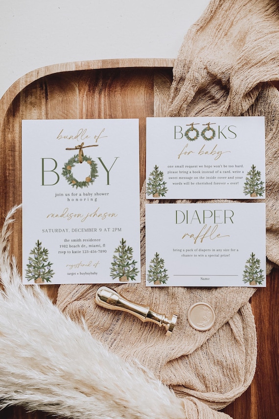 Winter Boy Baby Shower Invitation Bundle, Rustic Christmas (Instant Download) BBS203