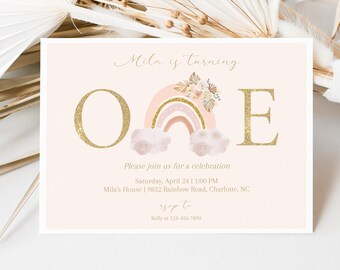Boho Rainbow Girl 1st Birthday Invitation, Floral Pink Gold (Digital) CLP50