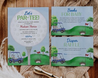 Pakiet zaproszeń na baby shower w golfa, zaproszenie na baby shower Let's Par-Tee, edytowalne zaproszenie na baby shower w czasie gry w golfa, neutralne pod względem płci przyjęcie golfowe, BBS105