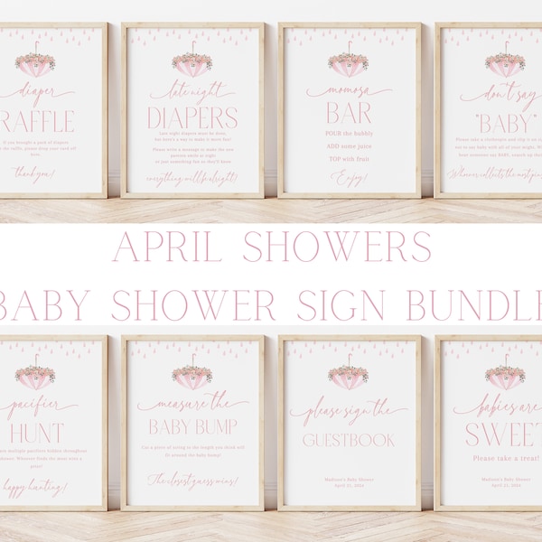 Editable April Showers Baby Shower Sign Bundle, Printable Pink Spring May Flowers Baby Shower Decor, Girl Floral Baby Shower Sprinkle, BBS35