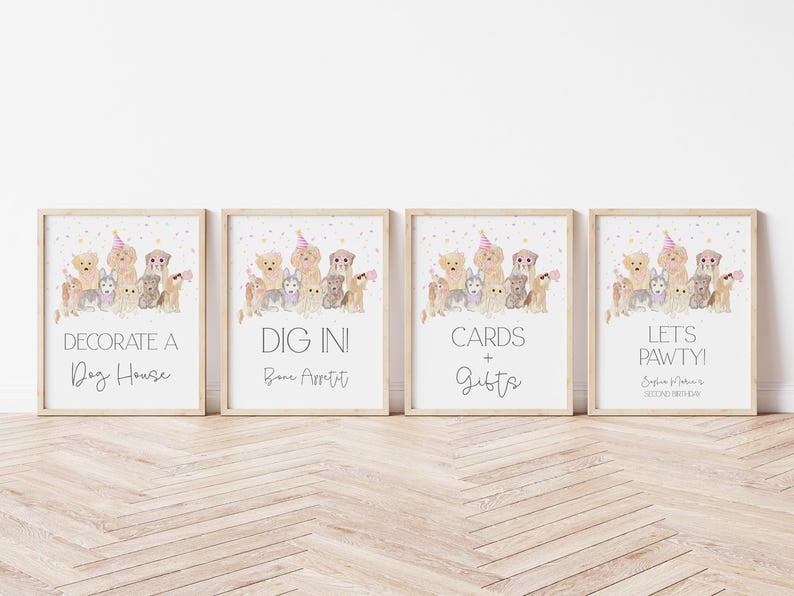 K&ouml;nnte beinhalten: Vier druckbare Schilder mit einem Hundeparty-Thema. Die Schilder zeigen eine Gruppe von Hunden, die Partyh&uuml;te tragen und sagen "Dekoriere ein Hundehaus", "Guten Appetit", "Karten + Geschenke" und "Lasst uns feiern!"