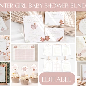 May include: A printable baby shower bundle with a winter theme. The bundle includes a welcome sign, a hot chocolate bar sign, a diaper raffle sign, a book for baby sign, a thank you sign, a hot chocolate bomb sign, a caption sign, a baby shower game, a baby shower invitation, and cupcake toppers. The bundle is editable.